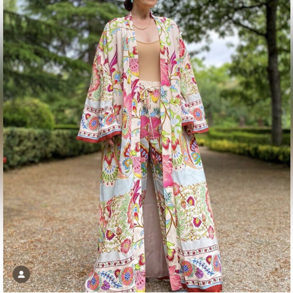 ZARA Floral Printed Long Kimono Belted Sz XL Pink Pastels